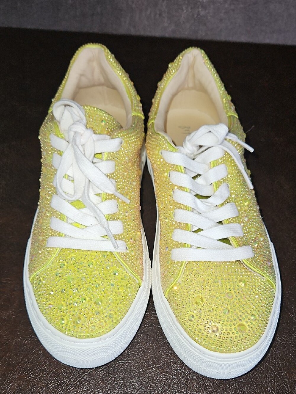 Betsey Johnson Sidny Bright Citron Yellow Crystal Embellished Platform Sneakers - Picture 3 of 11